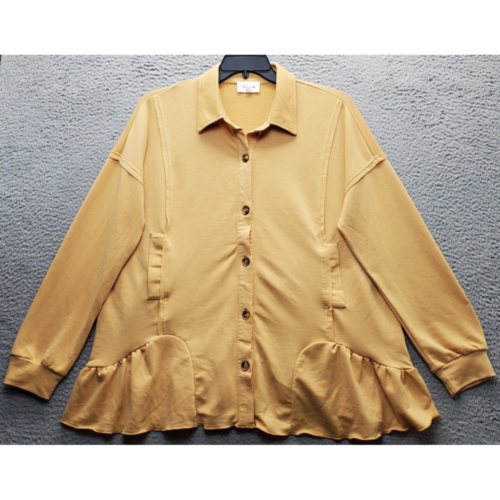 Heyson Tunic Top Womens Large Yellow Stretch Peplum Hem Long Sleeve Button Front
